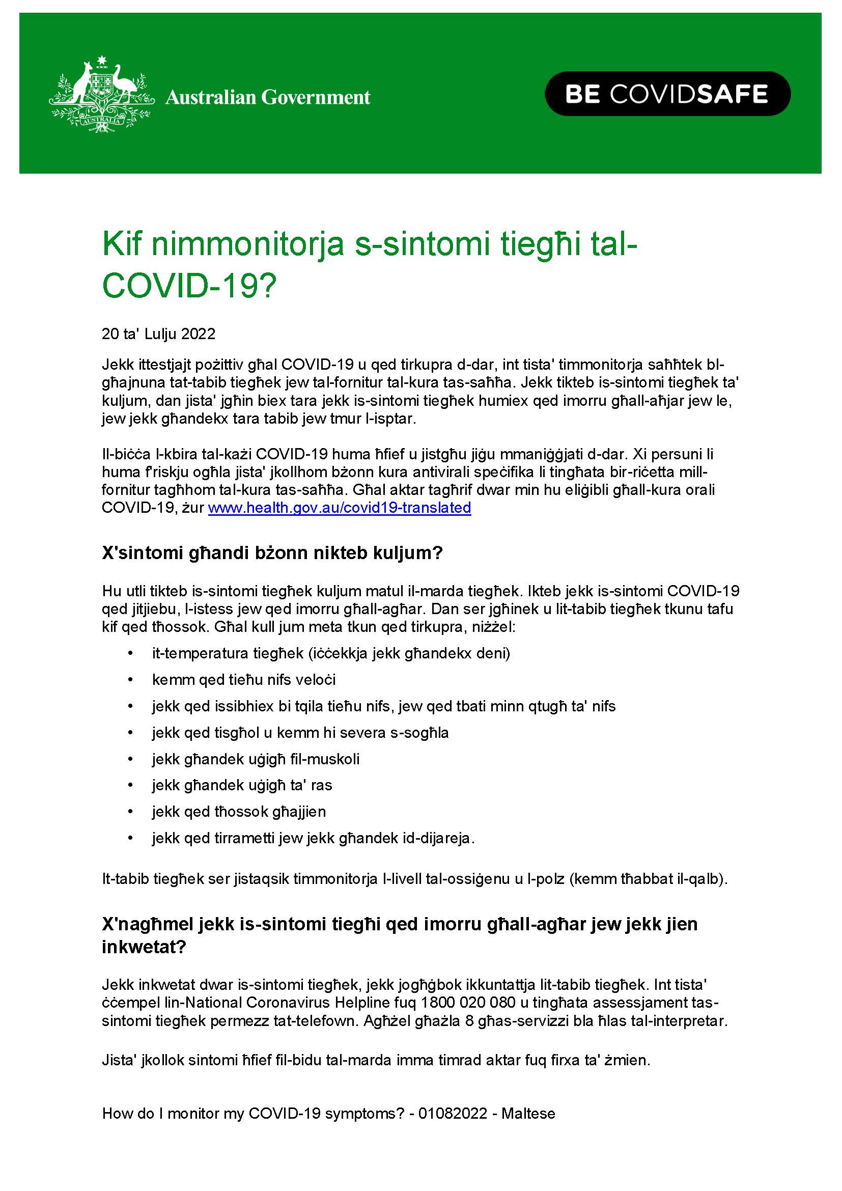 Kif nimmonitorja s-sintomi tiegħi tal-COVID-19?