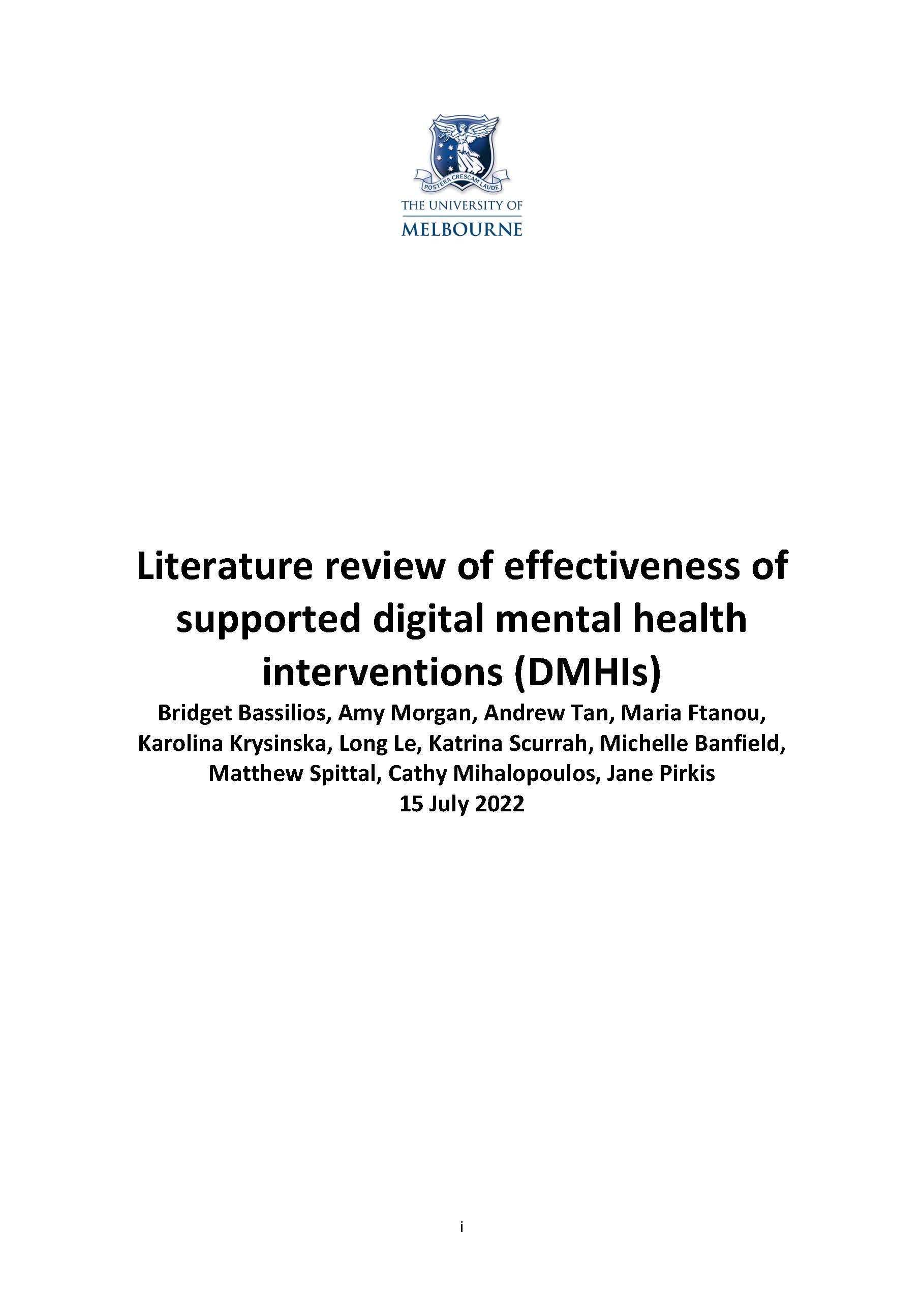 Literature review of effectiveness of supported digital mental health interventions