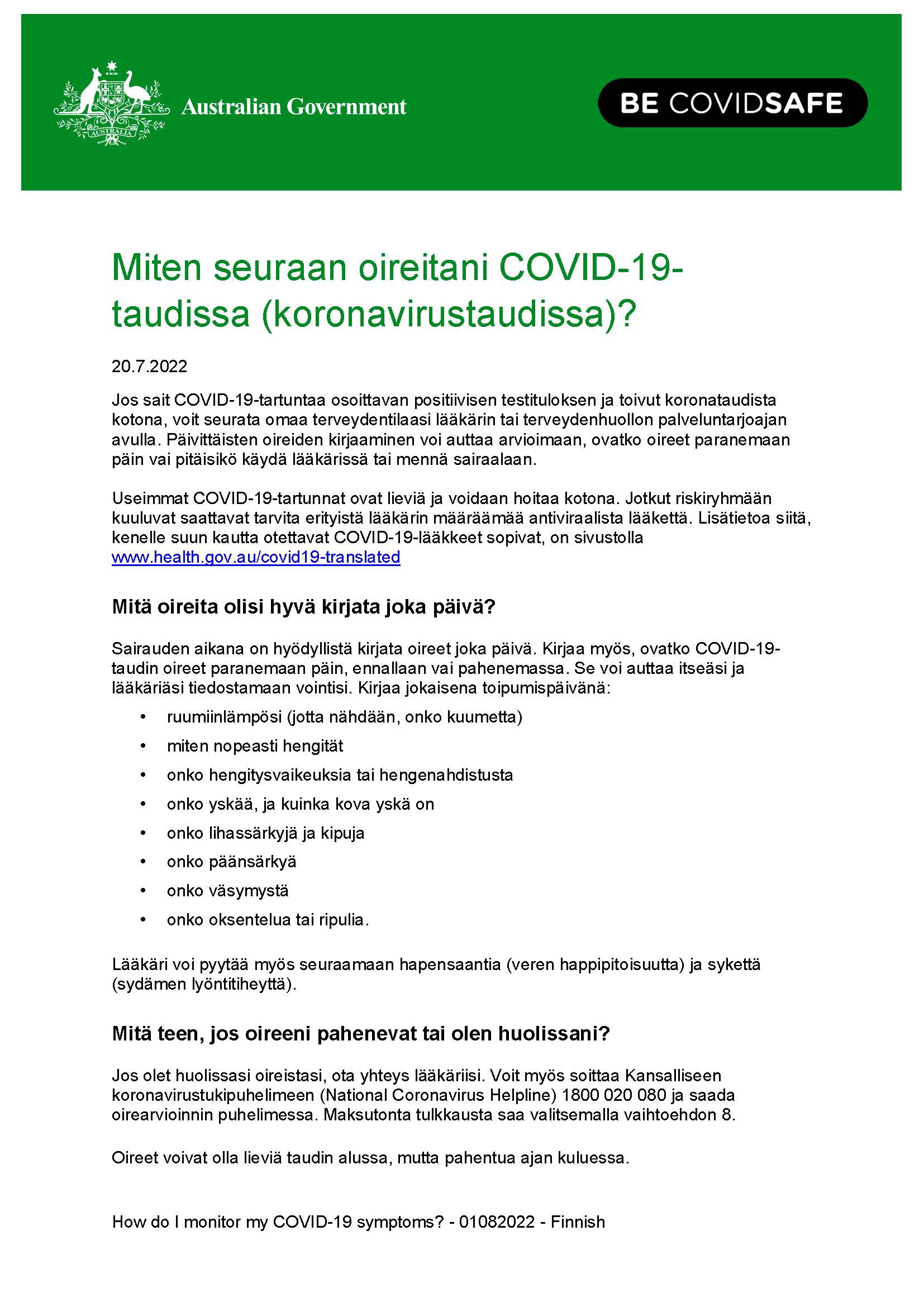 Miten seuraan oireitani COVID-19-taudissa (koronavirustaudissa)?