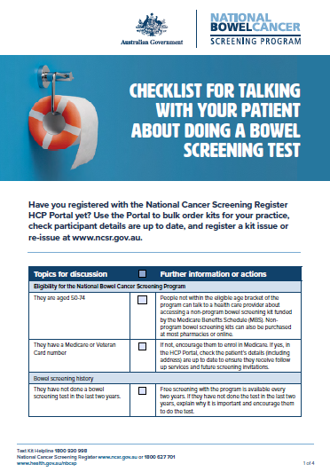 National Bowel Cancer Screening Program – Checklist for talking with your patients