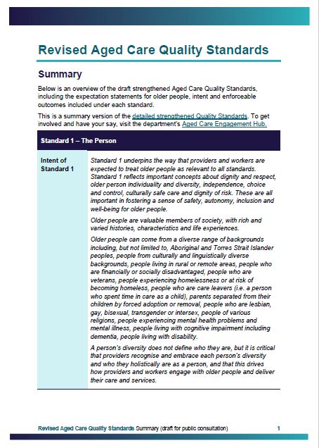 Revised Aged Care Quality Standards – summary draft for public consultation