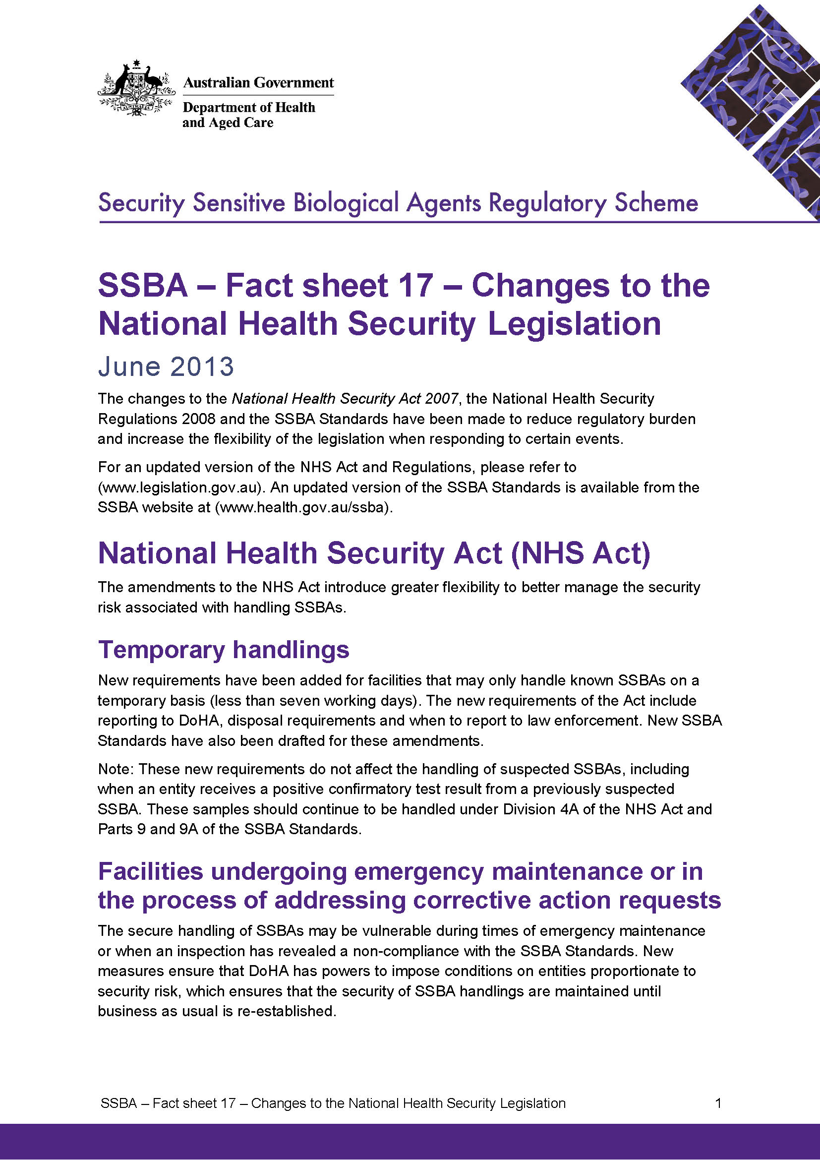 SSBA – Fact sheet 17 – Changes to the National Health Security legislation