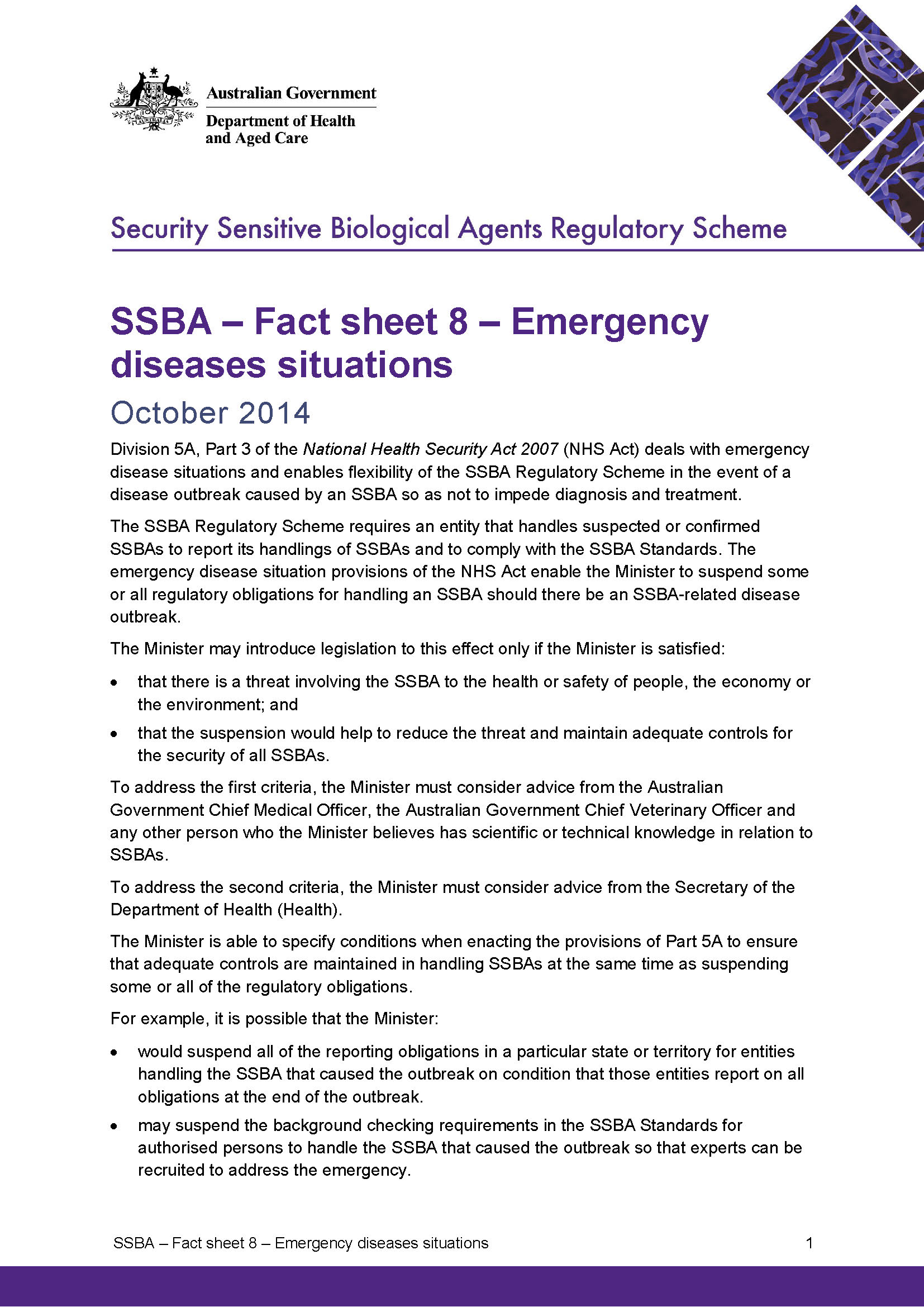 SSBA – Fact sheet 8 – Emergency disease situation