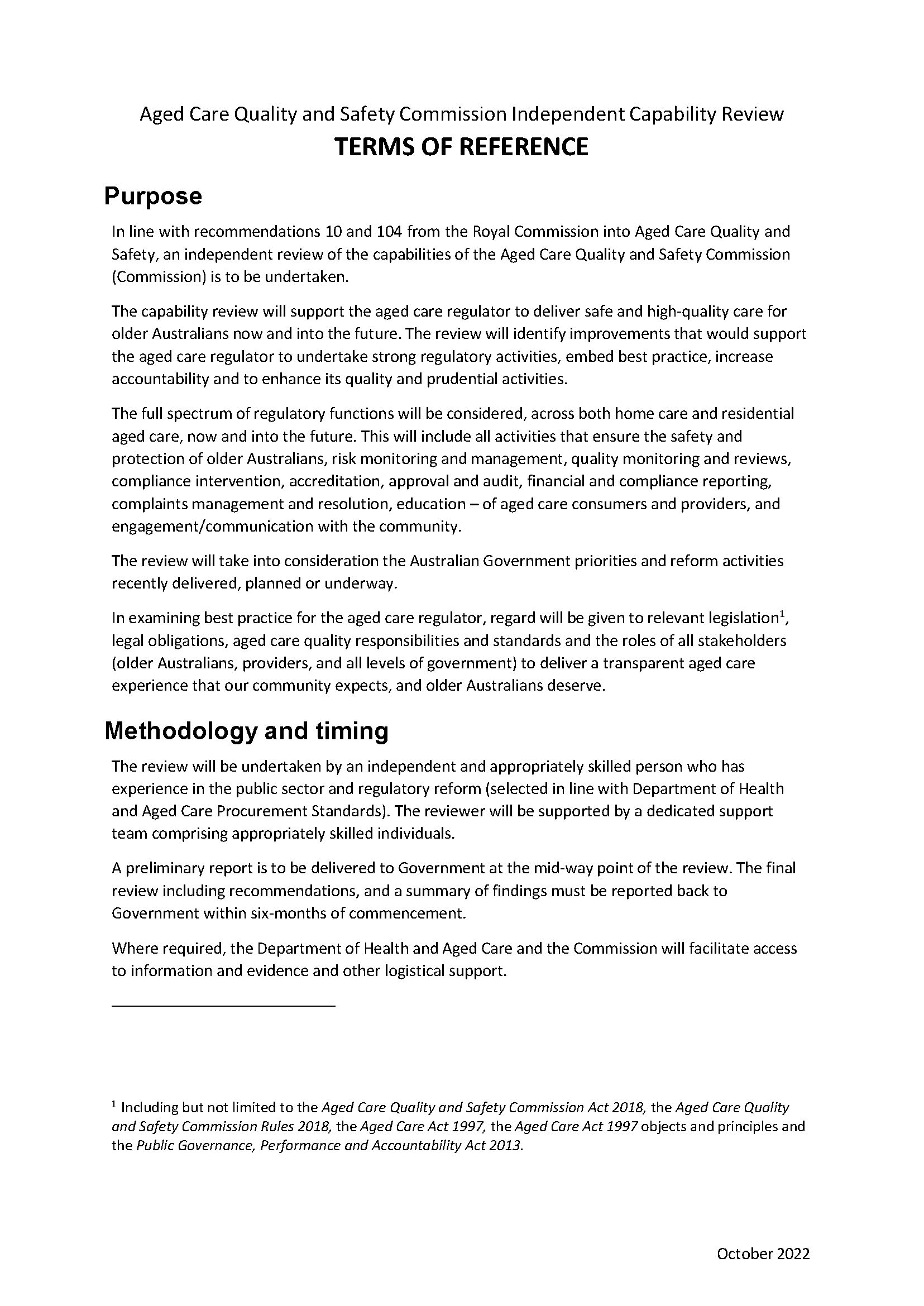 Terms of reference – Aged Care Quality and Safety Commission capability review