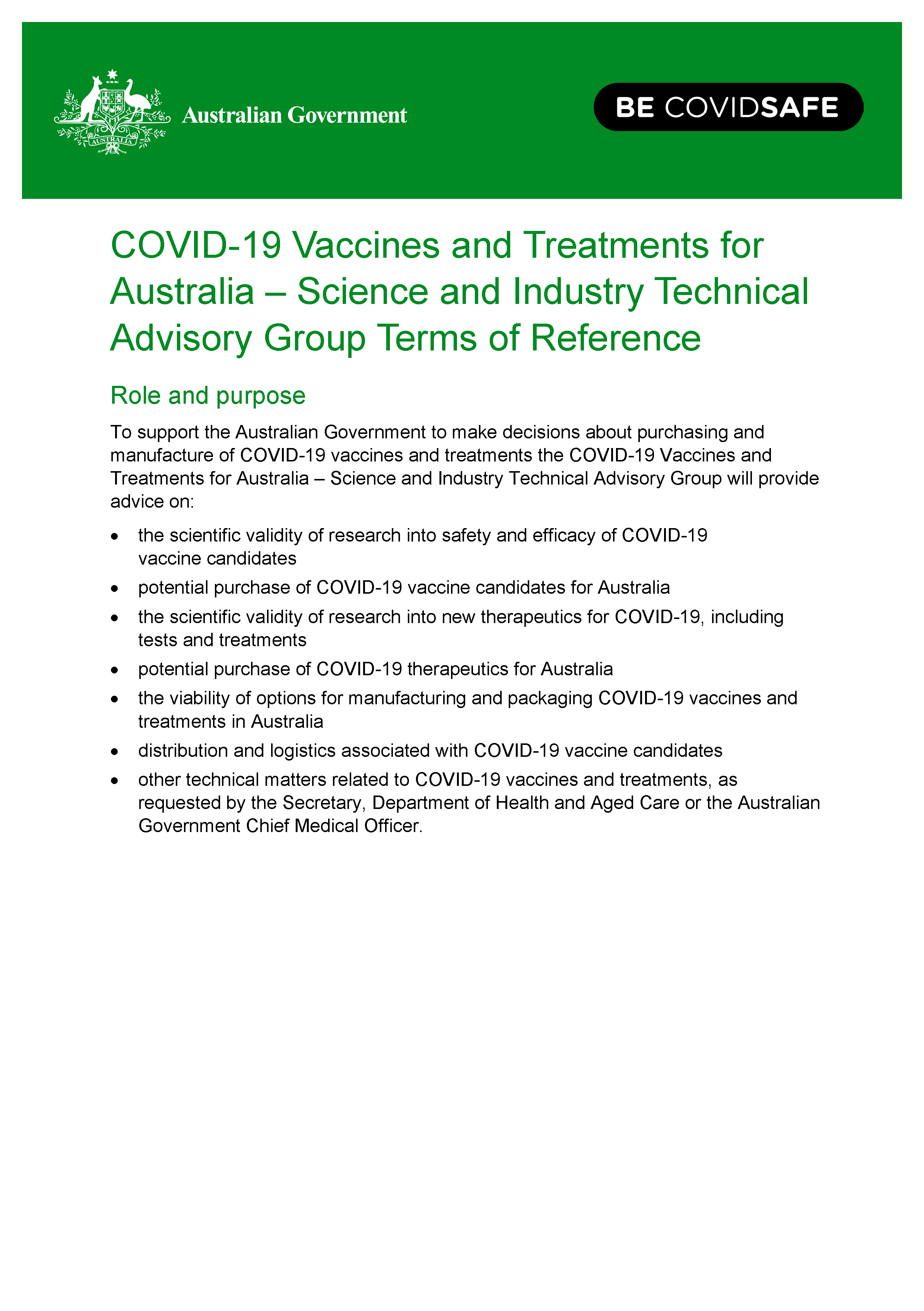 The COVID-19 Vaccines and Treatments for Australia – Science and Industry Technical Advisory Group Terms of Reference cover