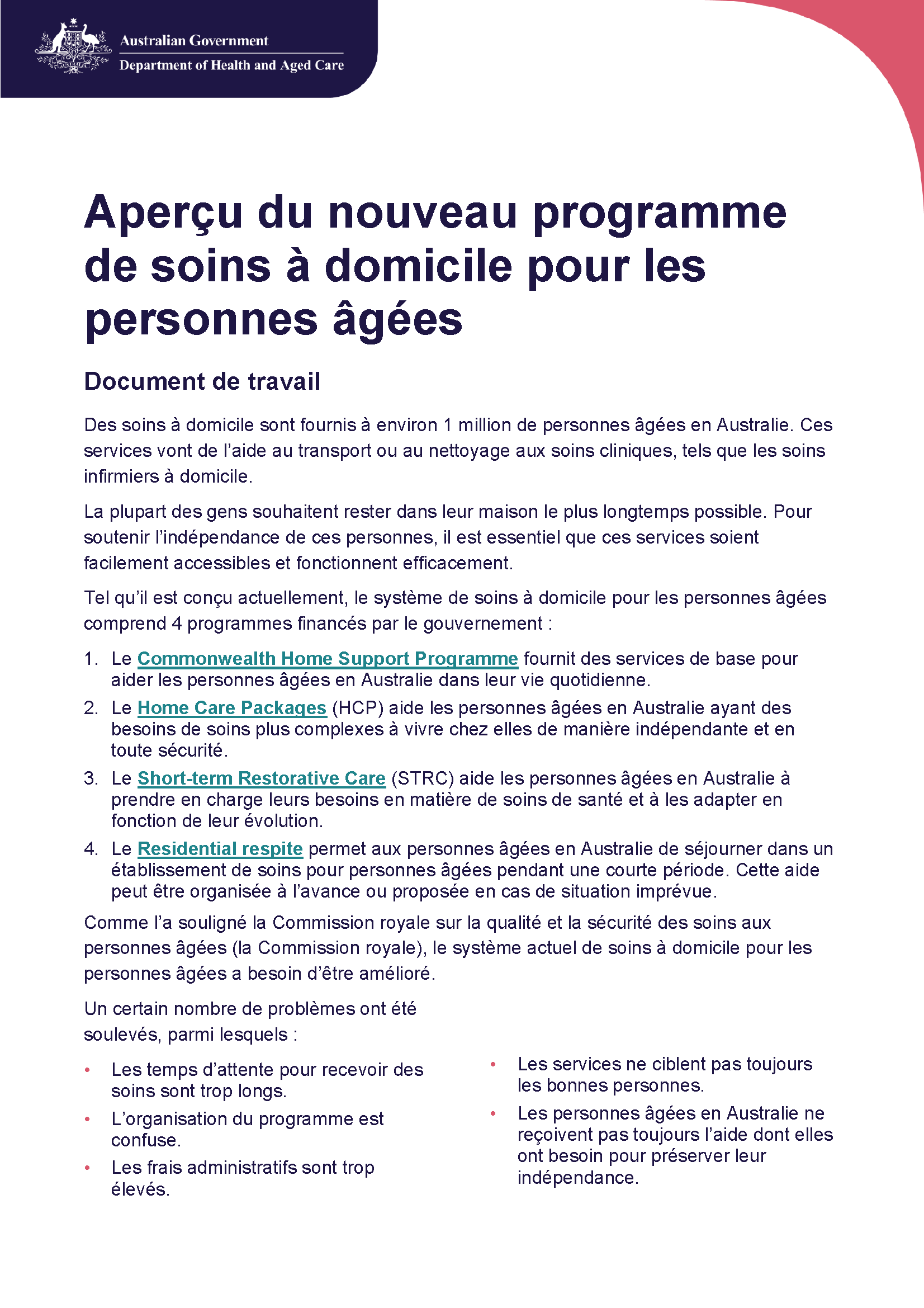 Cover pages from French – Overview of A New Program for In-Home Aged Care