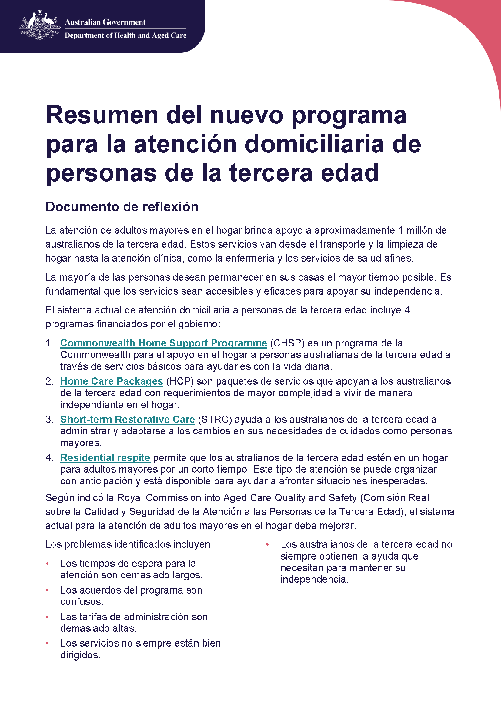 Cover pages from Spanish – Overview of A New Program for In-Home Aged Care