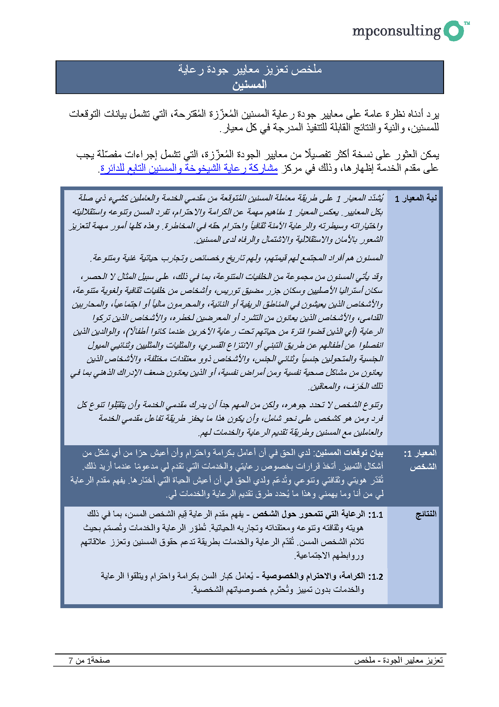 Revised Aged Care Quality Standards – summary draft for public consultation (Arabic) cover page
