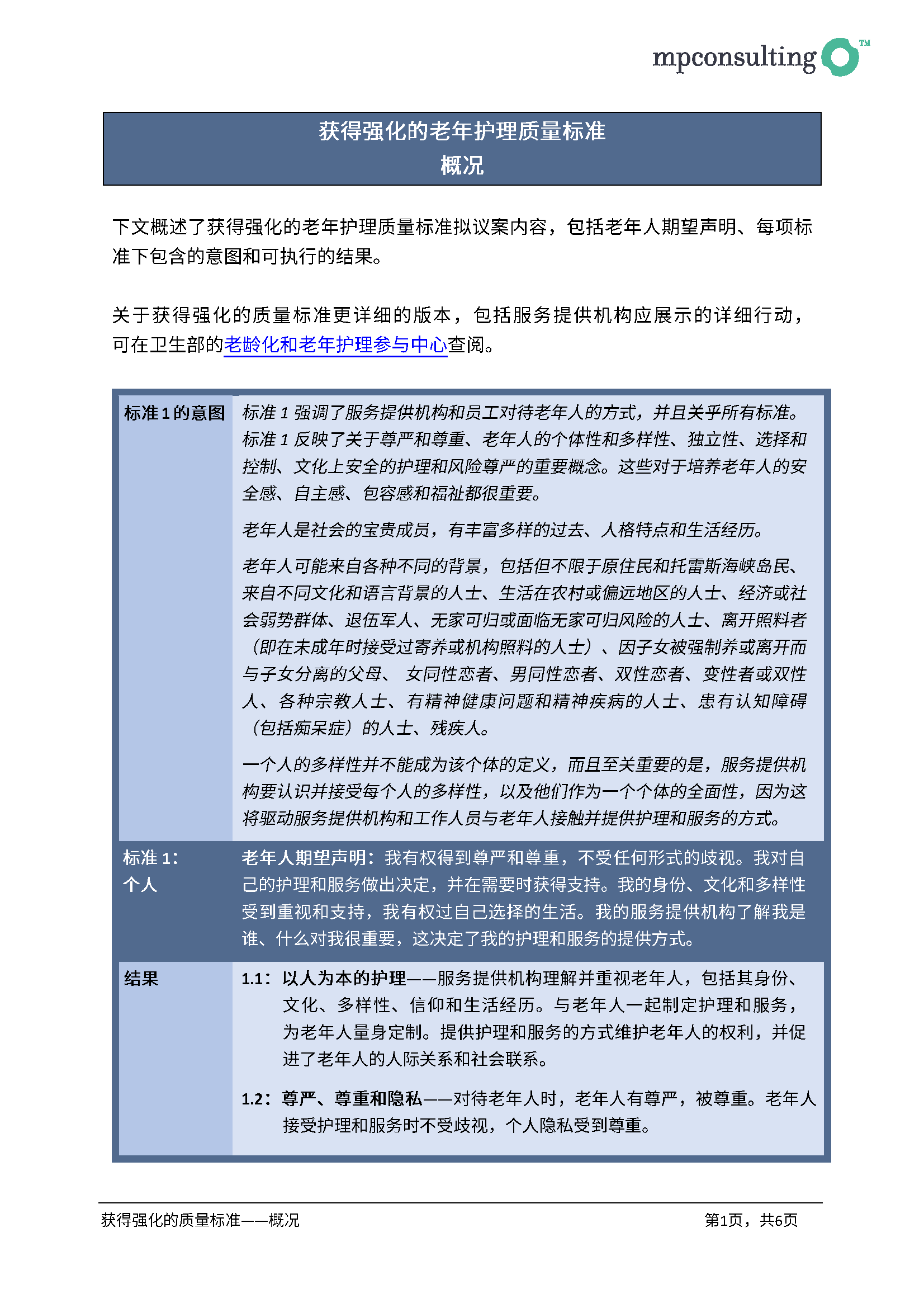 Revised Aged Care Quality Standards – summary draft for public consultation (Chinese) cover page