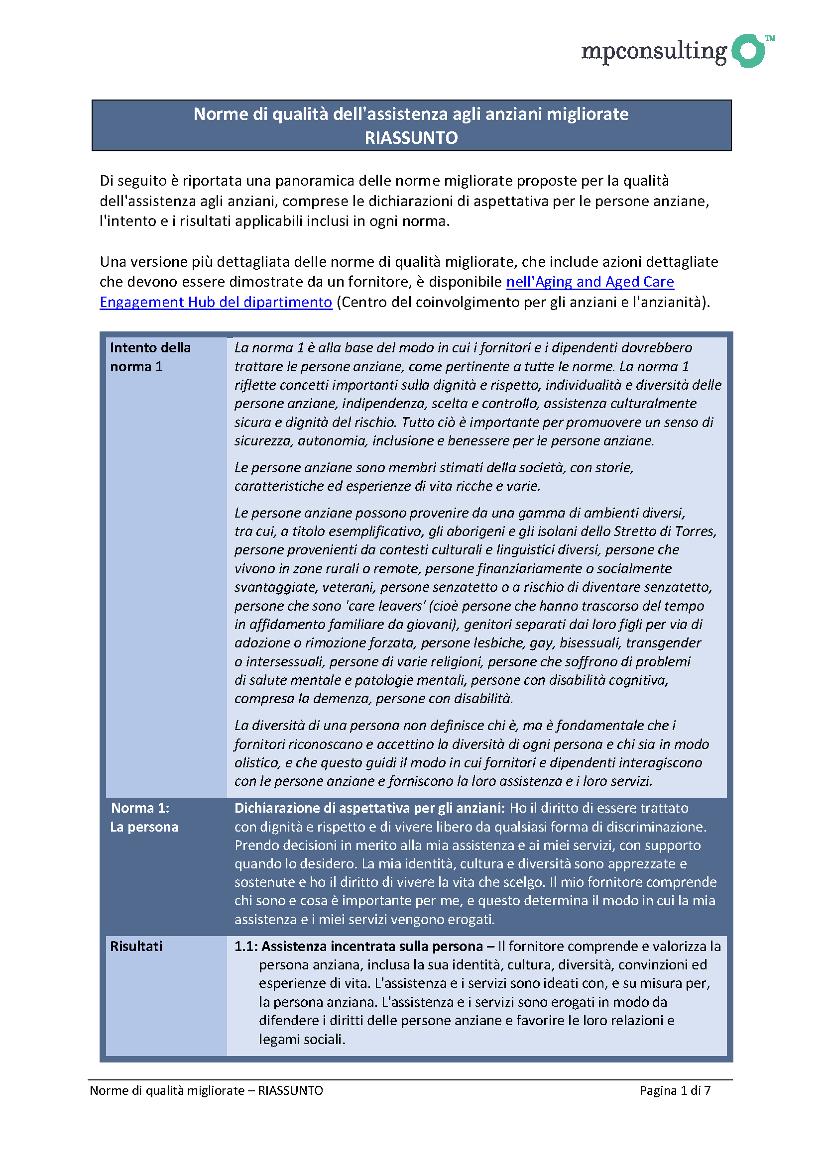  Revised Aged Care Quality Standards – summary draft for public consultation (Italian) cover image