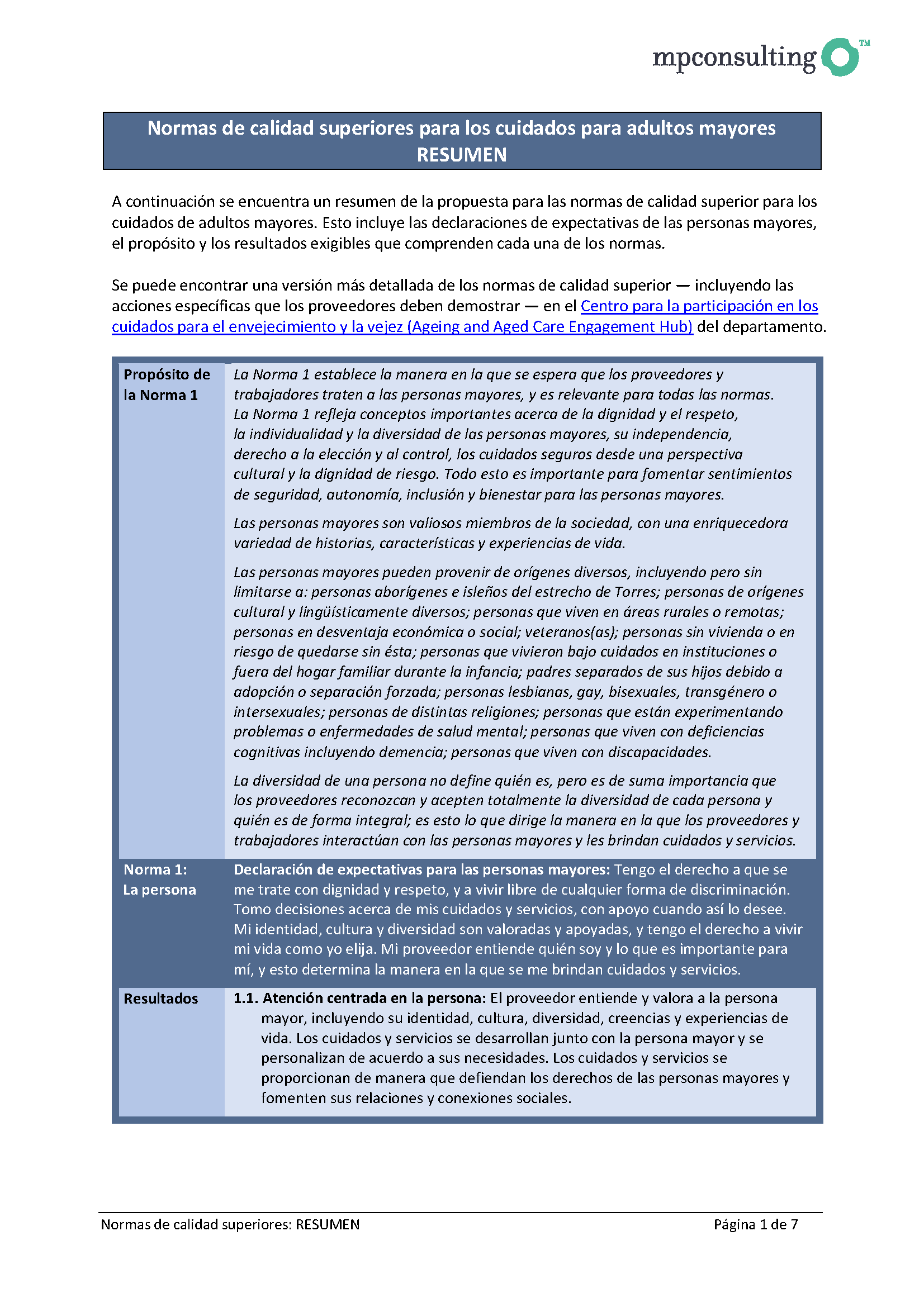 Revised Aged Care Quality Standards – summary draft for public consultation (Spanish) cover image