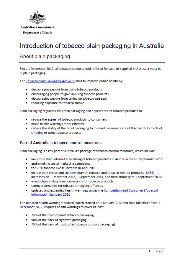 Cover image for Introduction to tobacco plain packaging in Australia
