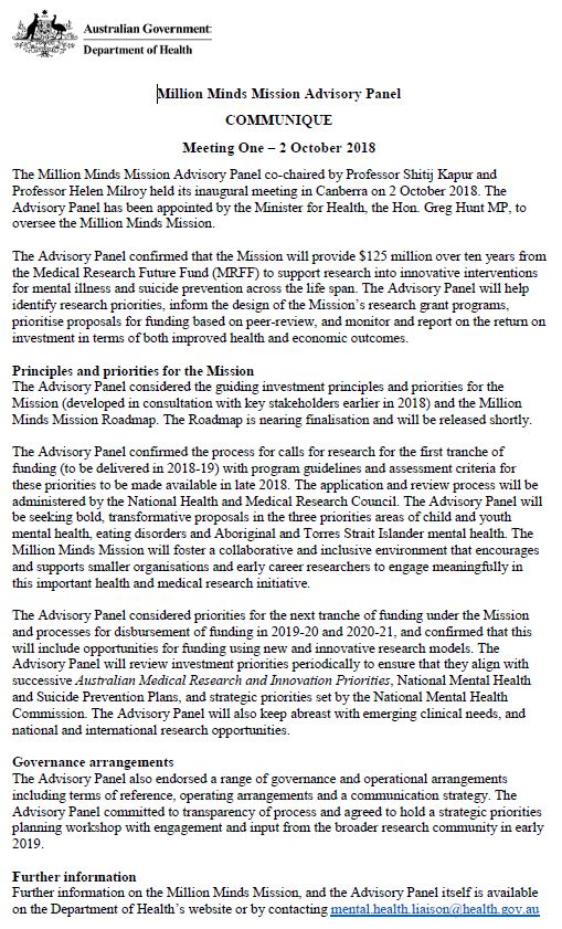 Million Minds Mission Advisory Panel Communique (2 October 2018)