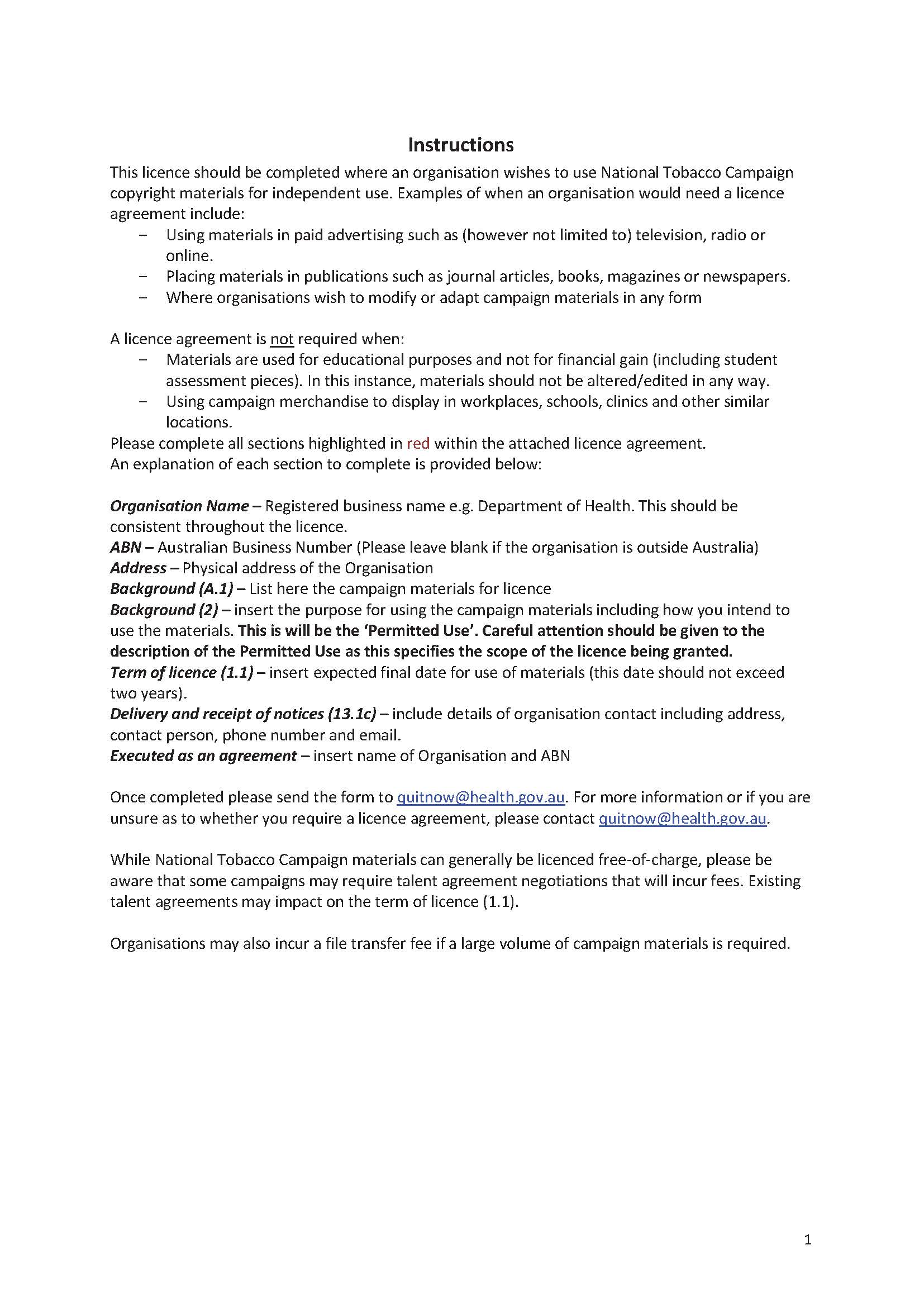 Cover image for the National Tobacco Campaign licence agreement form