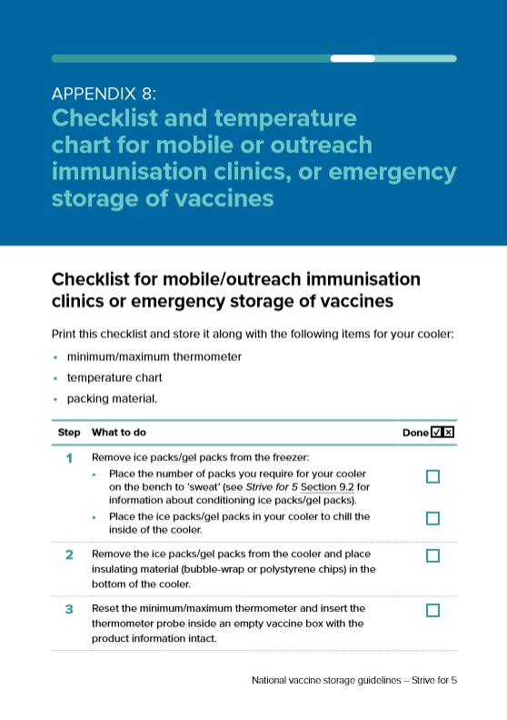 National Vaccine Storage Guidelines ‘Strive for 5’, Appendix 8 - Checklist: Mobile and emergency storage 
