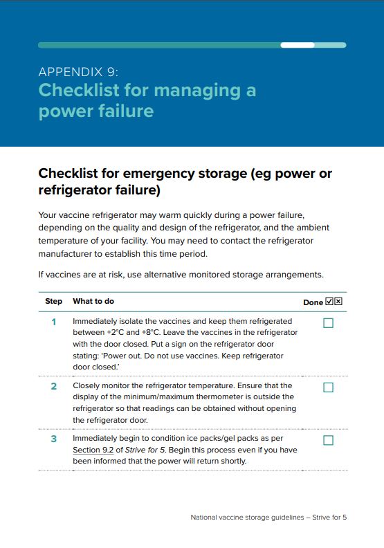 National Vaccine Storage Guidelines - ‘Strive for 5’ - Appendix 9 - Checklist for managing a power failure