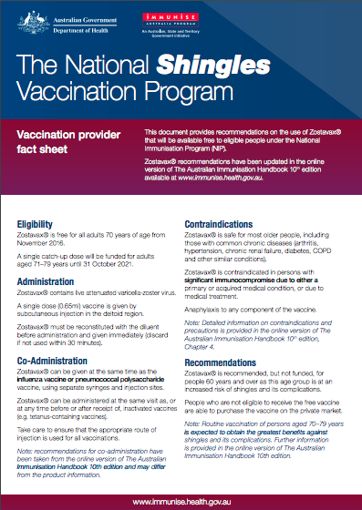 National Shingles Vaccination Program Zostavax Fact Sheet For Vaccination Providers Australian Government Department Of Health
