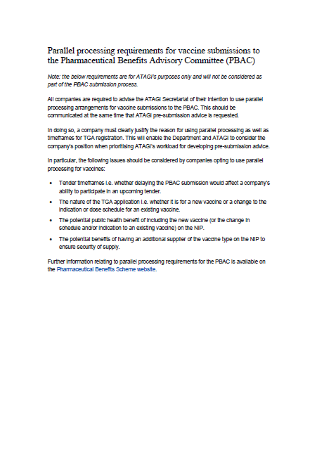 Cover of ATAGI parallel processing requirements for PBAC vaccine submissions