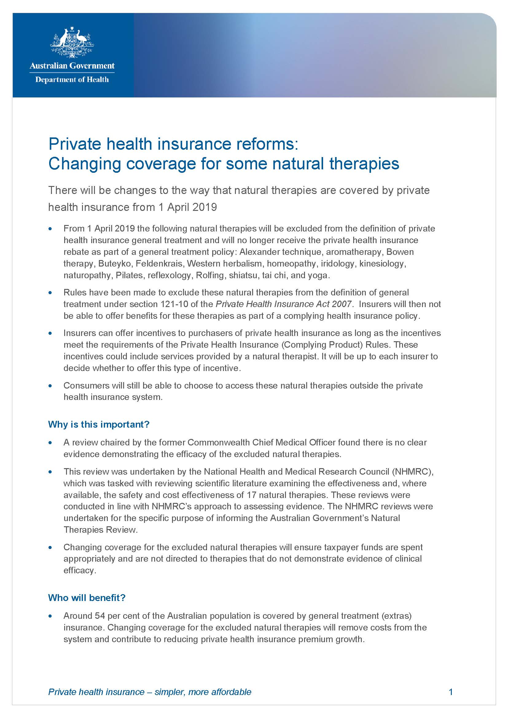 Cover image for Private health insurance reforms – changing coverage for some natural therapies