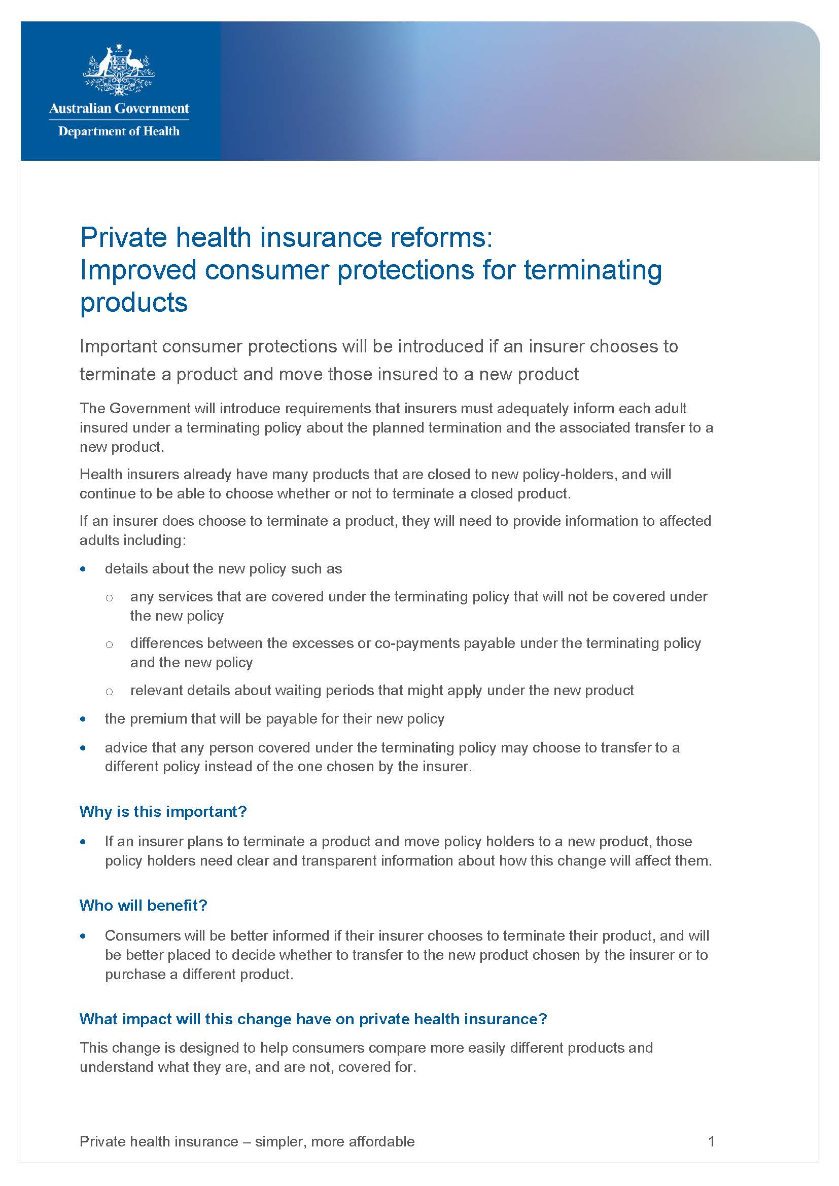 Cover image for Private health insurance reforms – improved consumer protections for terminating products