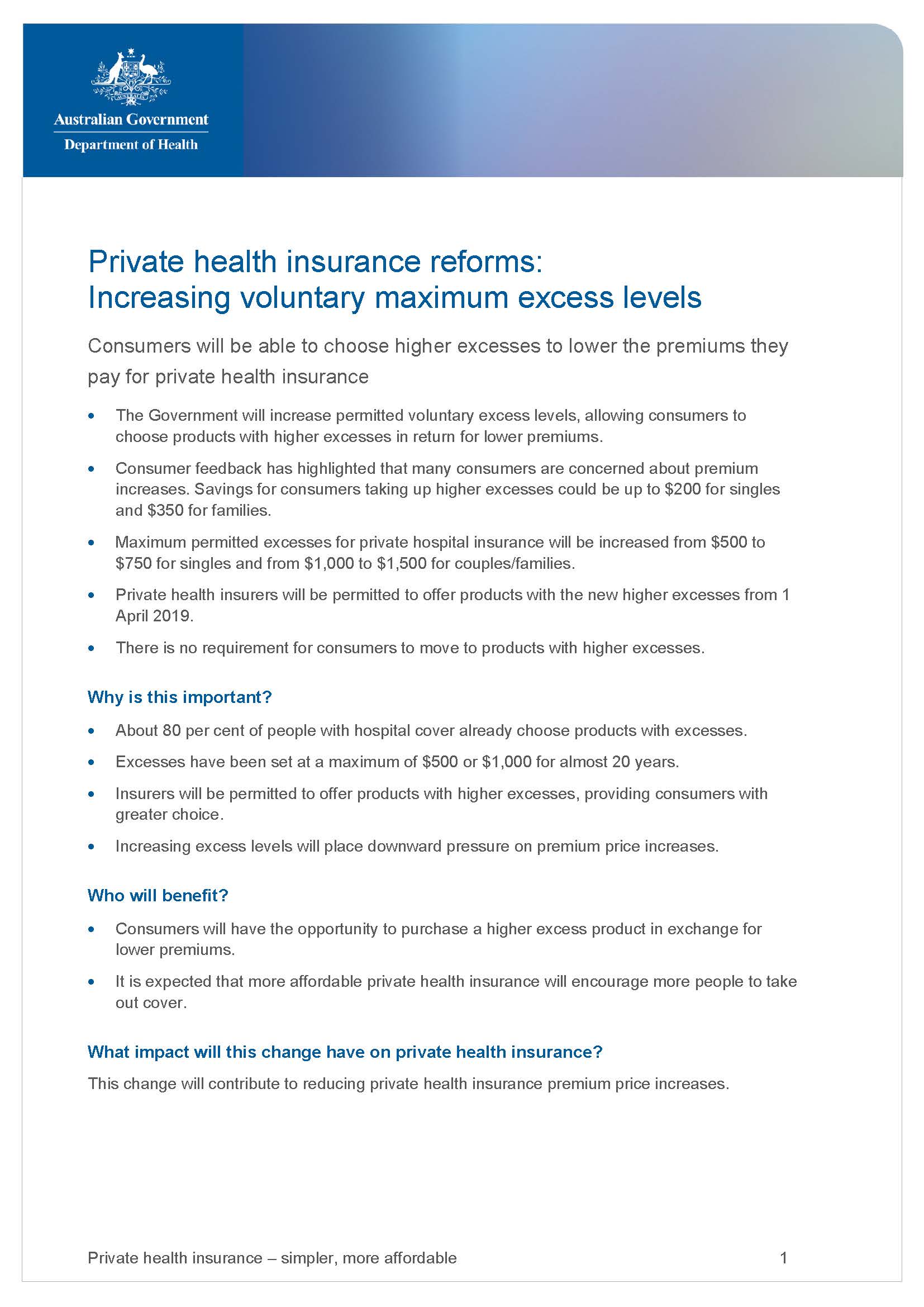 Cover image for Private health insurance reforms – increasing voluntary maximum excess levels