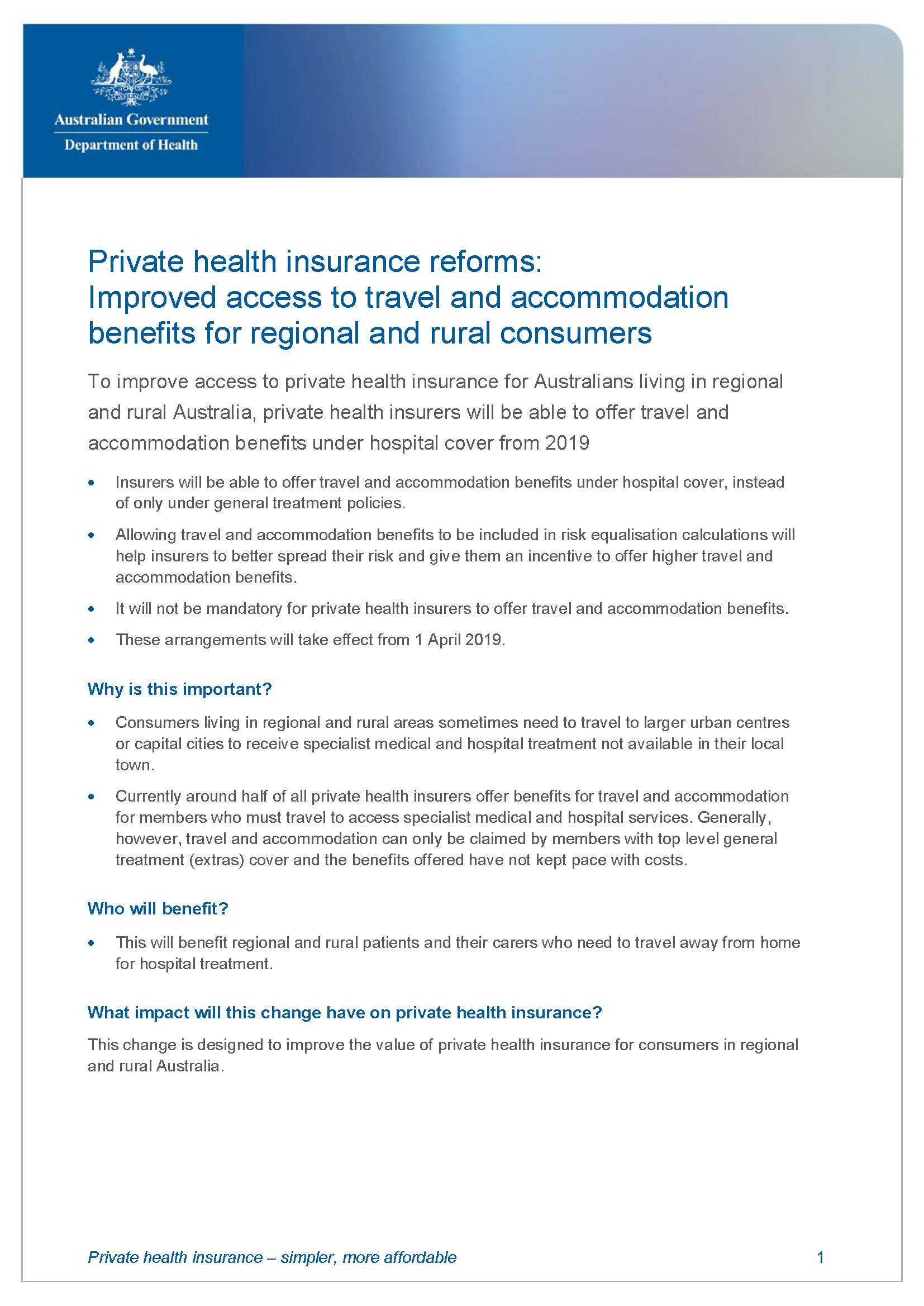 Cover image for Private health insurance reforms – travel and accommodation benefits for regional and rural consumers