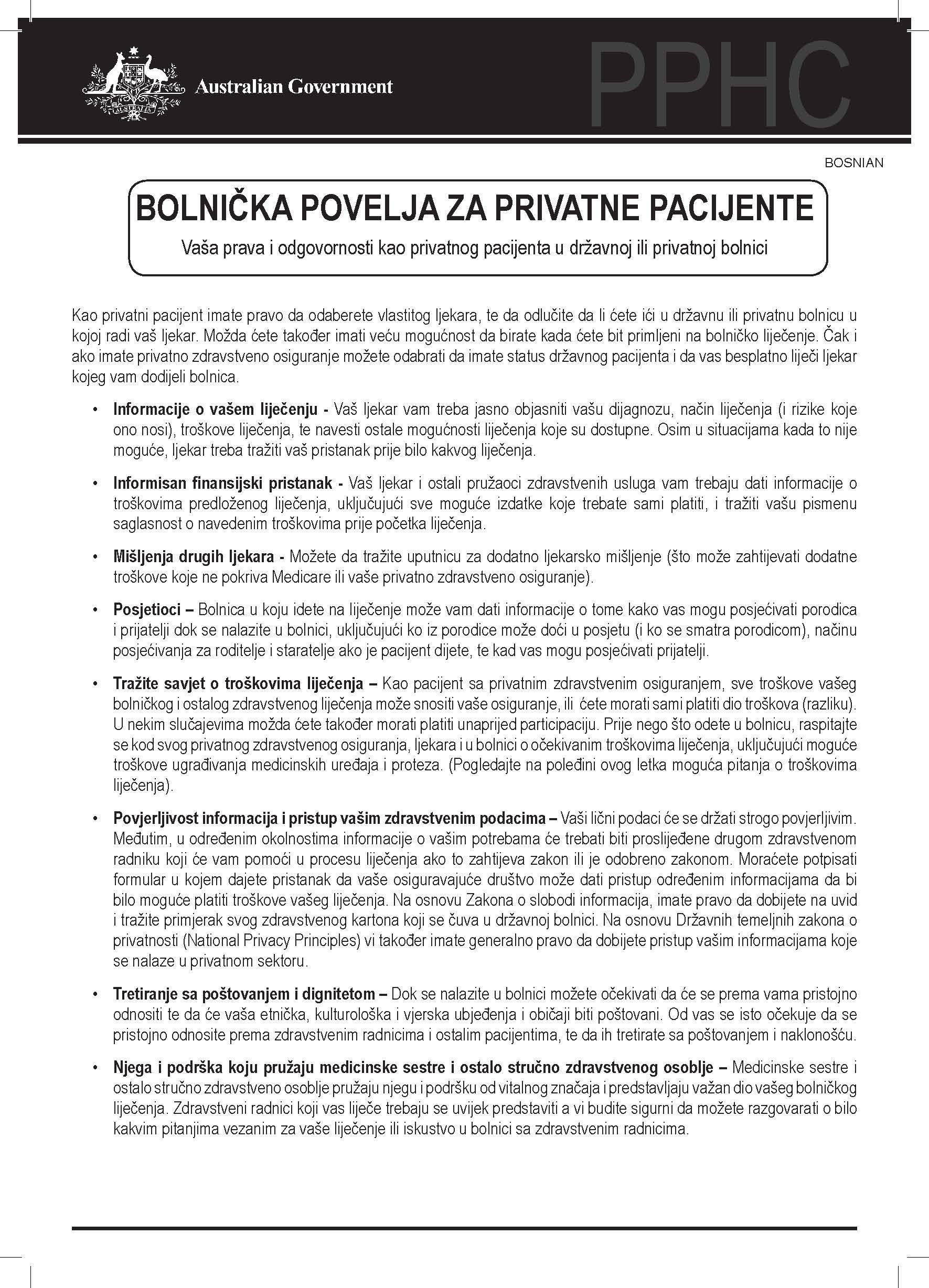 Cover image for Private patients’ hospital charter in Bosnian