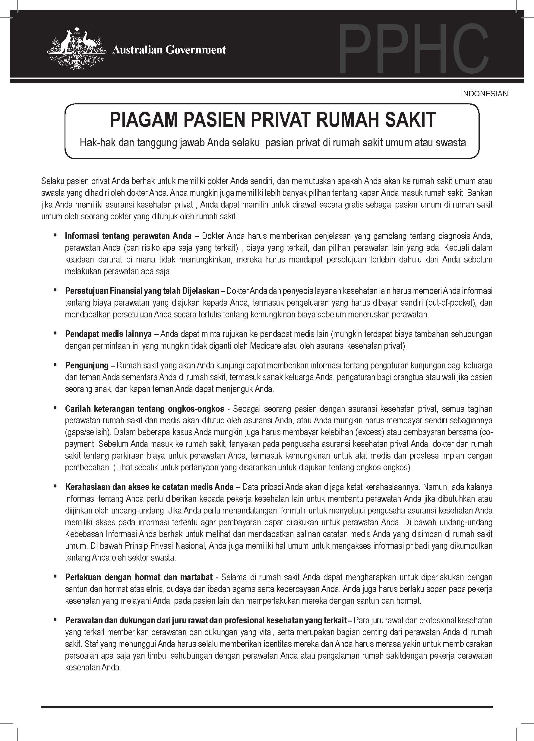 Cover image for Private patients’ hospital charter (Indonesian)