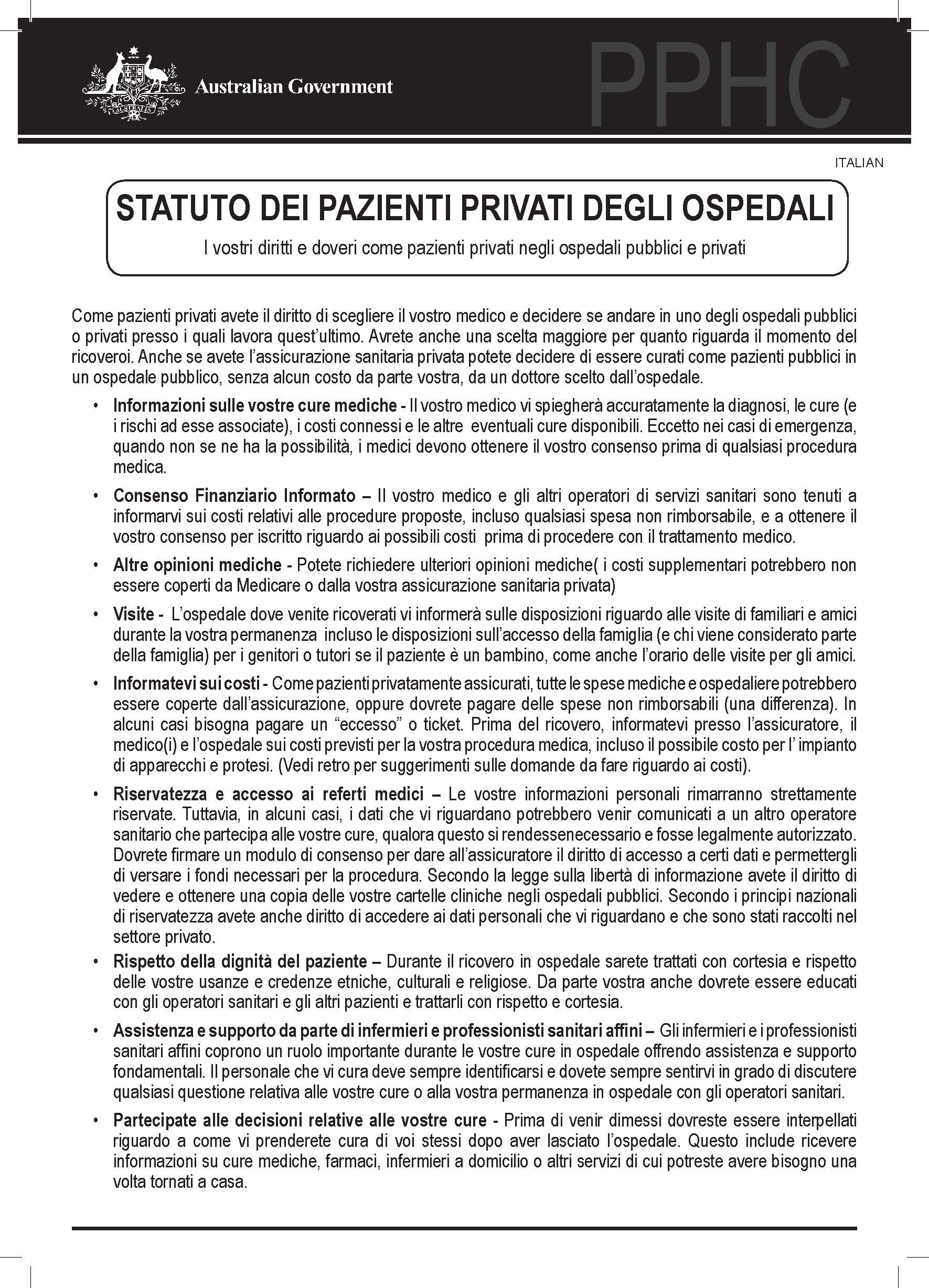 Cover image for Private patients’ hospital charter (Italian)