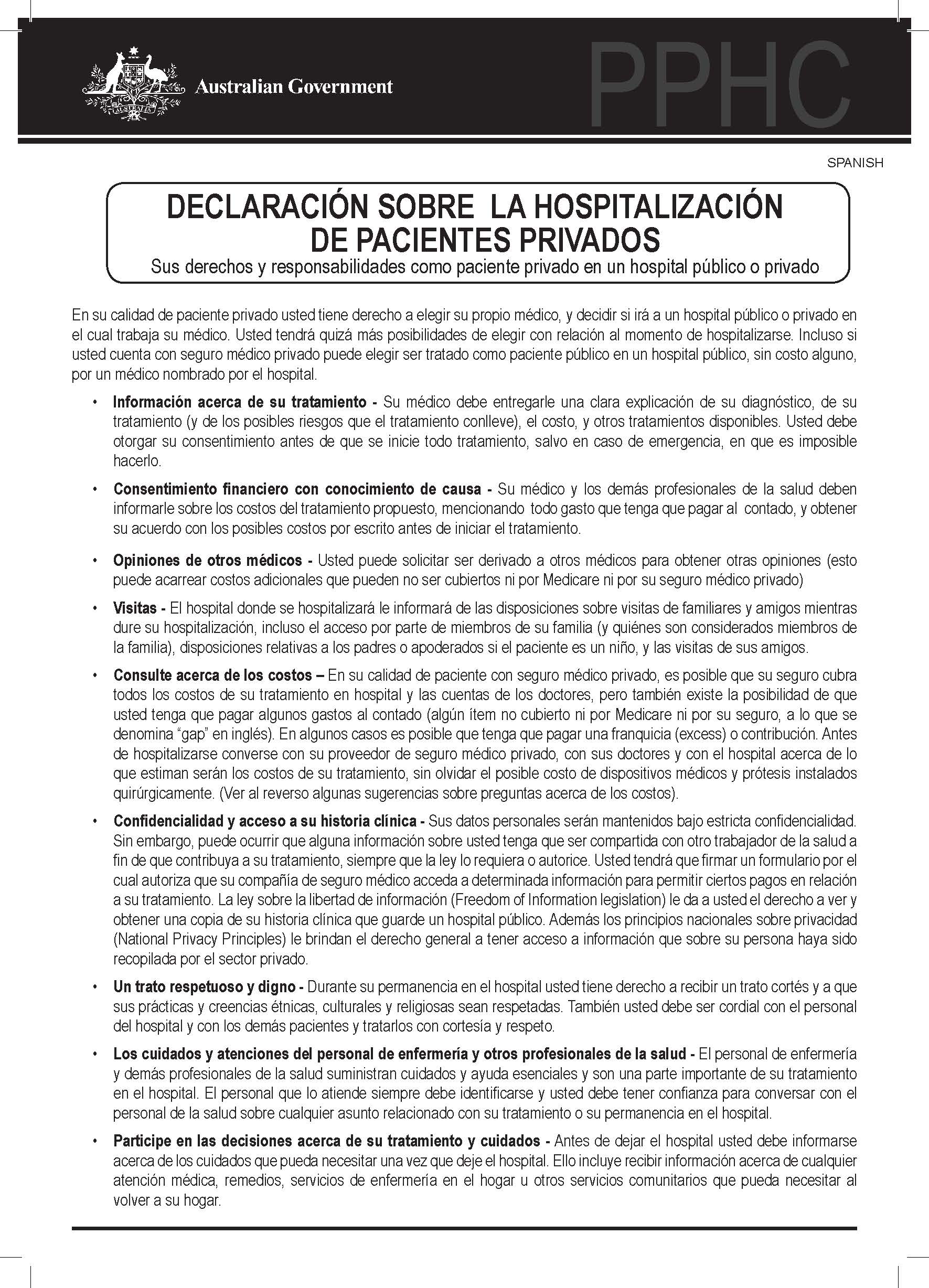 Cover image for Private patients’ hospital charter (Spanish)