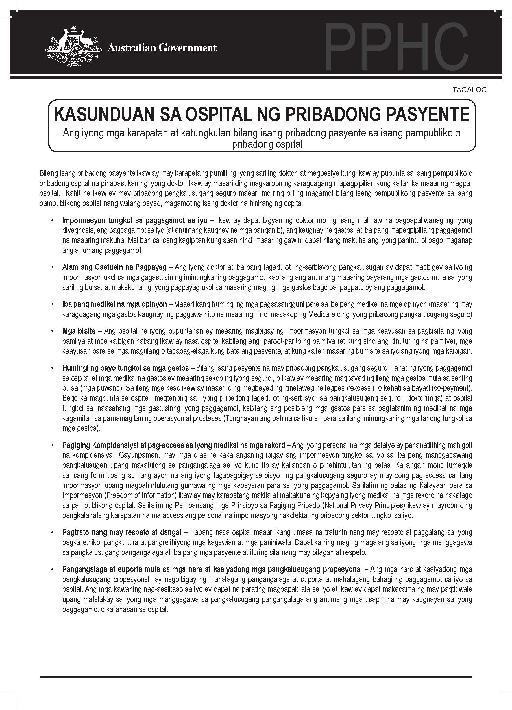 Cover image for Private patients’ hospital charter (Tagalog)