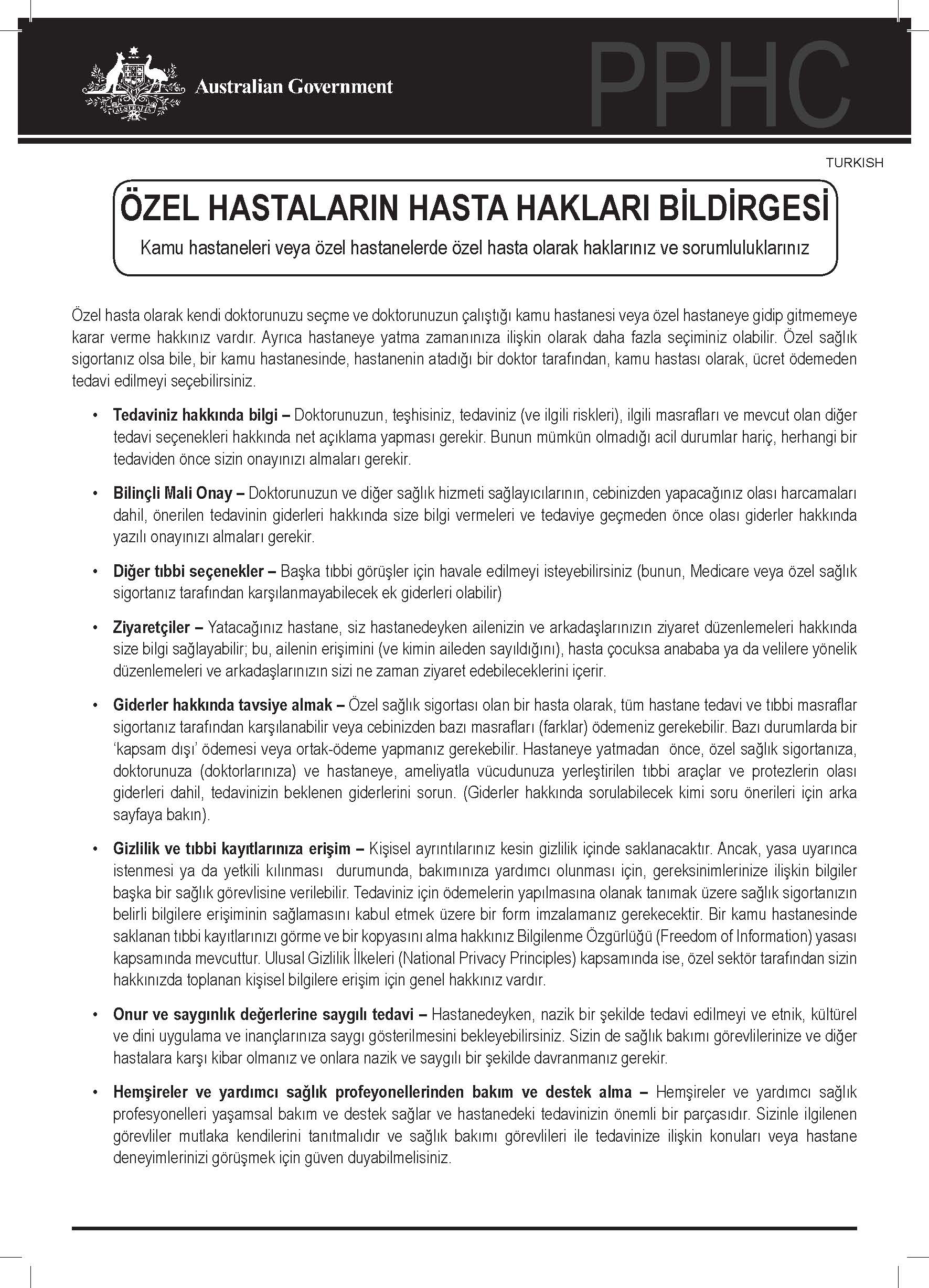 Cover image for Private patients’ hospital charter (Turkish)