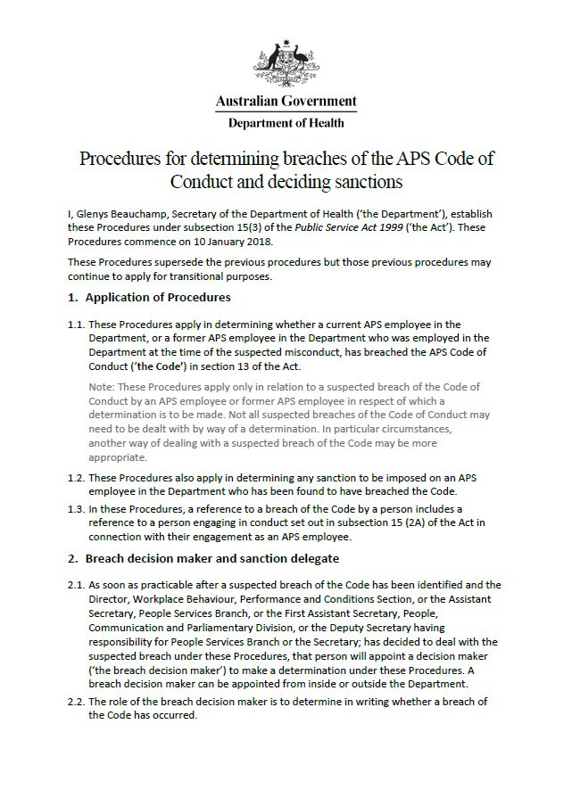 Cover image for Procedure for determining breaches of the APS Code of Conduct