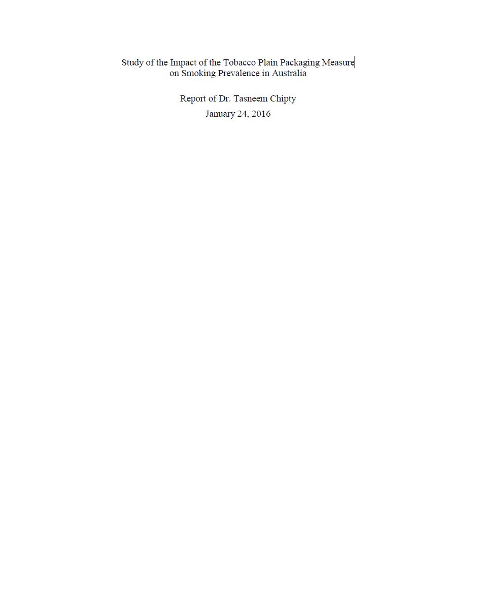 Cover image for the Study of the impact of the tobacco plain packaging measure on smoking prevalence in Australia report