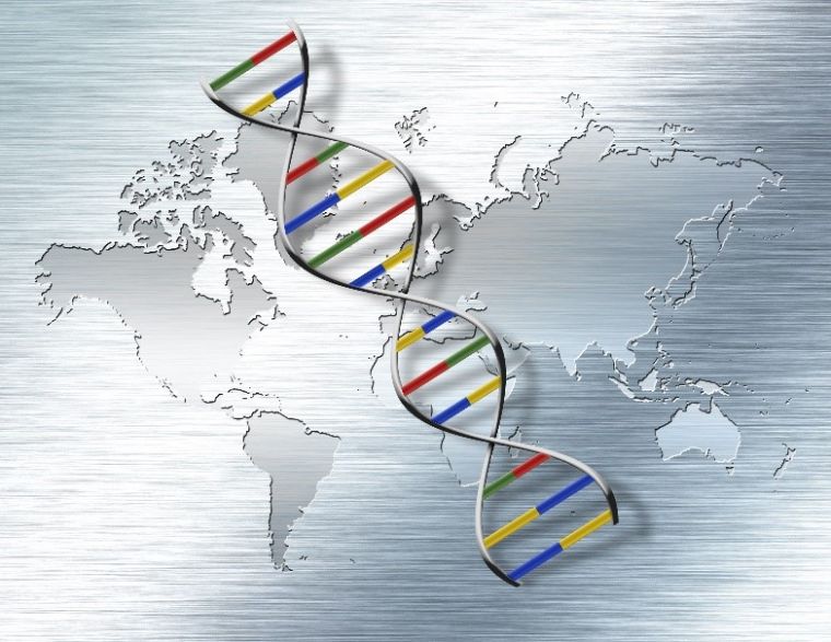 Image of DNA helix superimposed over a world map