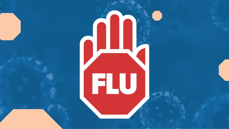 Graphic image of a hand with the word flu, on a blue background.
