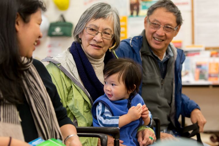 Grandmother, mother, father, and child in a doctor's surgery