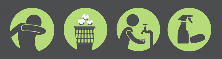 Practise good hygiene by sneezing into your elbow or a tissue, dispose of the tissue, wash your hands and use sanitiser