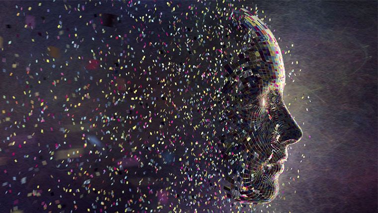 Image of multi-coloured squares in mid-air gathering to form a head