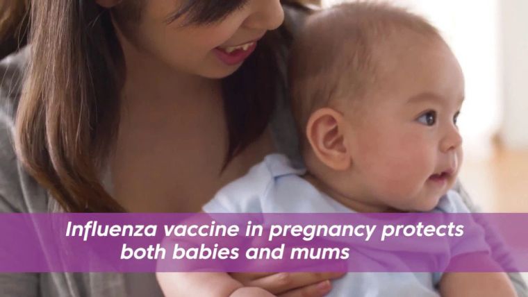 Mother holding baby with overlaid text: Influenza vaccine in pregnancy protects both babies and mums