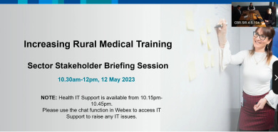 Increasing rural medical training - Sector stakeholder briefing session slide, showing young woman at whiteboard that is dotted with post-it notes