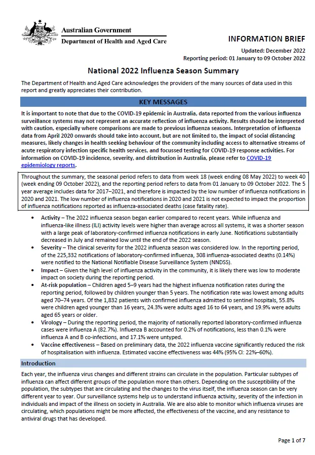 Australian Influenza Surveillance Report – 2022 national influenza season summary