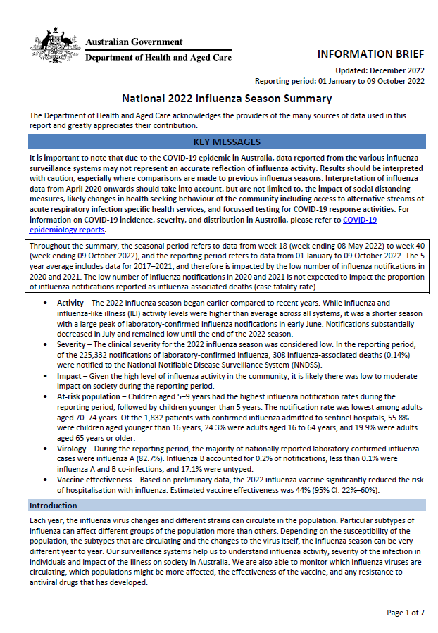 Australian Influenza Surveillance Report – 2022 national influenza season summary