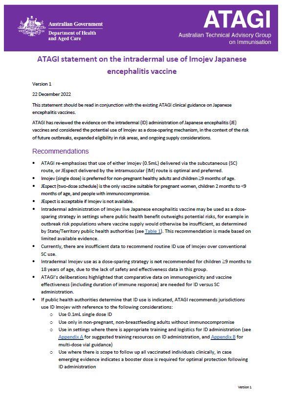 Cover image ATAGI Japanese encephalitis vaccine