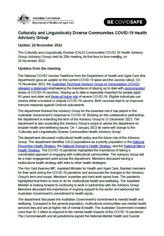 CALD COVID-19 Advisory Group communique