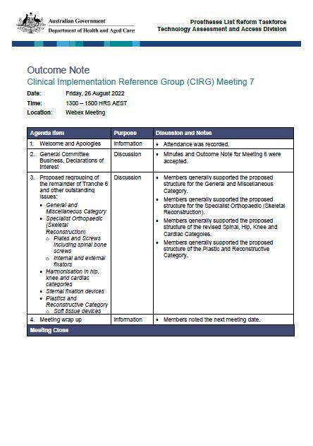 CIRG outcome note – 26 August 2022
