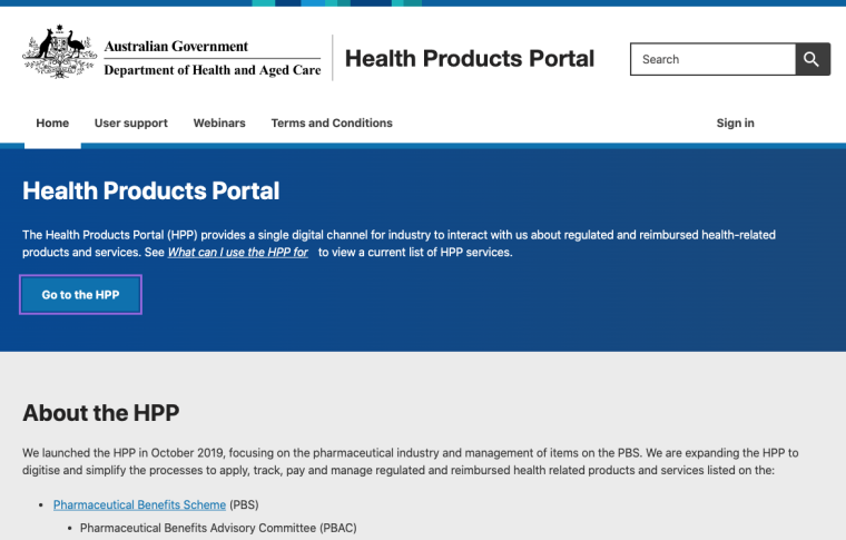Health products portal screenshot