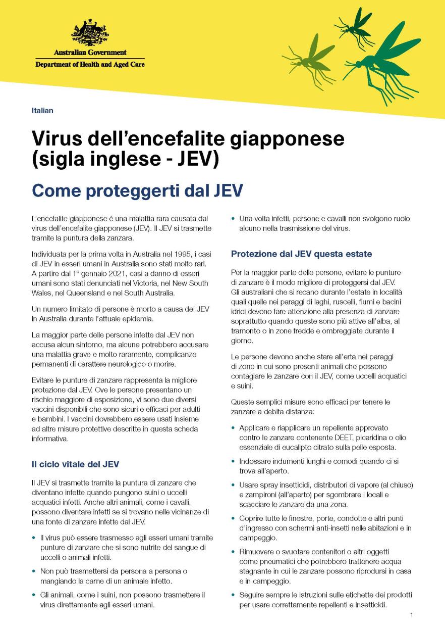 Protecting Australians from JEV cover image - Italian - Come proteggerti dal JEV