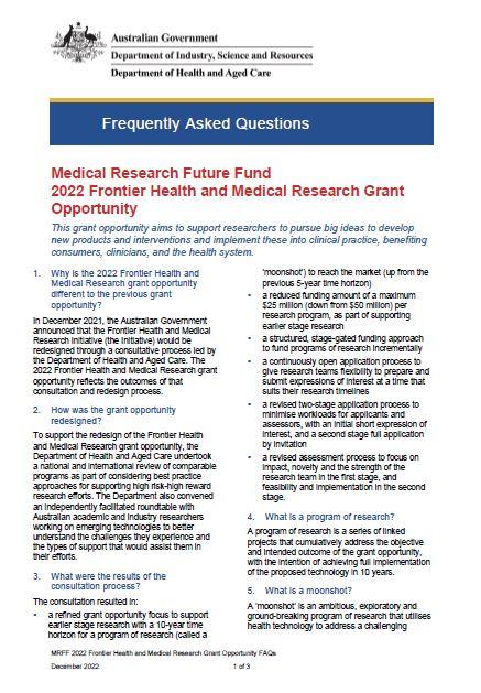 Medical Research Future Fund 2022 Frontier Health and Medical Research Grant Opportunity – Frequently Asked Questions