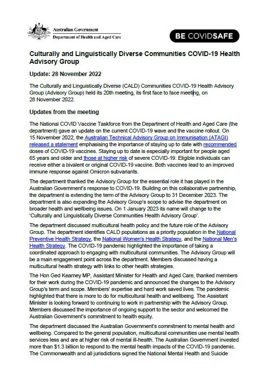CALD COVID-19 Advisory Group communiques